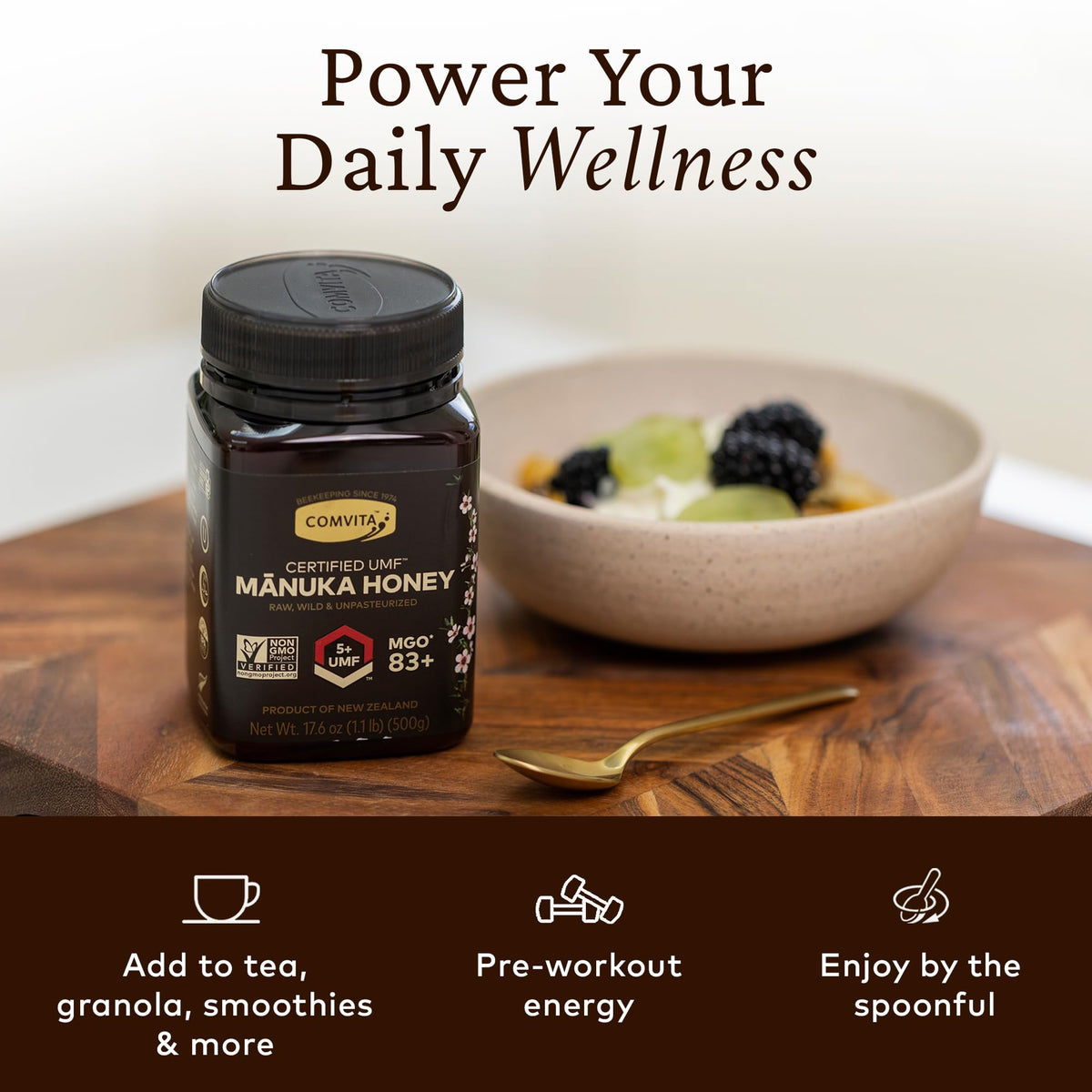 Comvita Manuka Honey UMF5 in tea cup ignites a warm ritual.