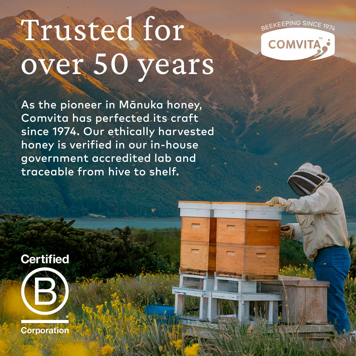 COMVITA Manuka Honey wildflower field, evokes natural sources from New Zealand forests.