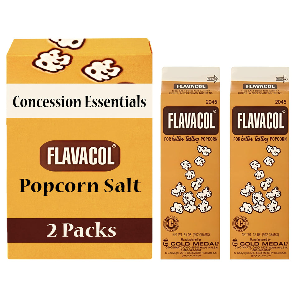 Concession Essentials Flavacol popcorn salt pack front shows packaging for cinema-style seasoning.