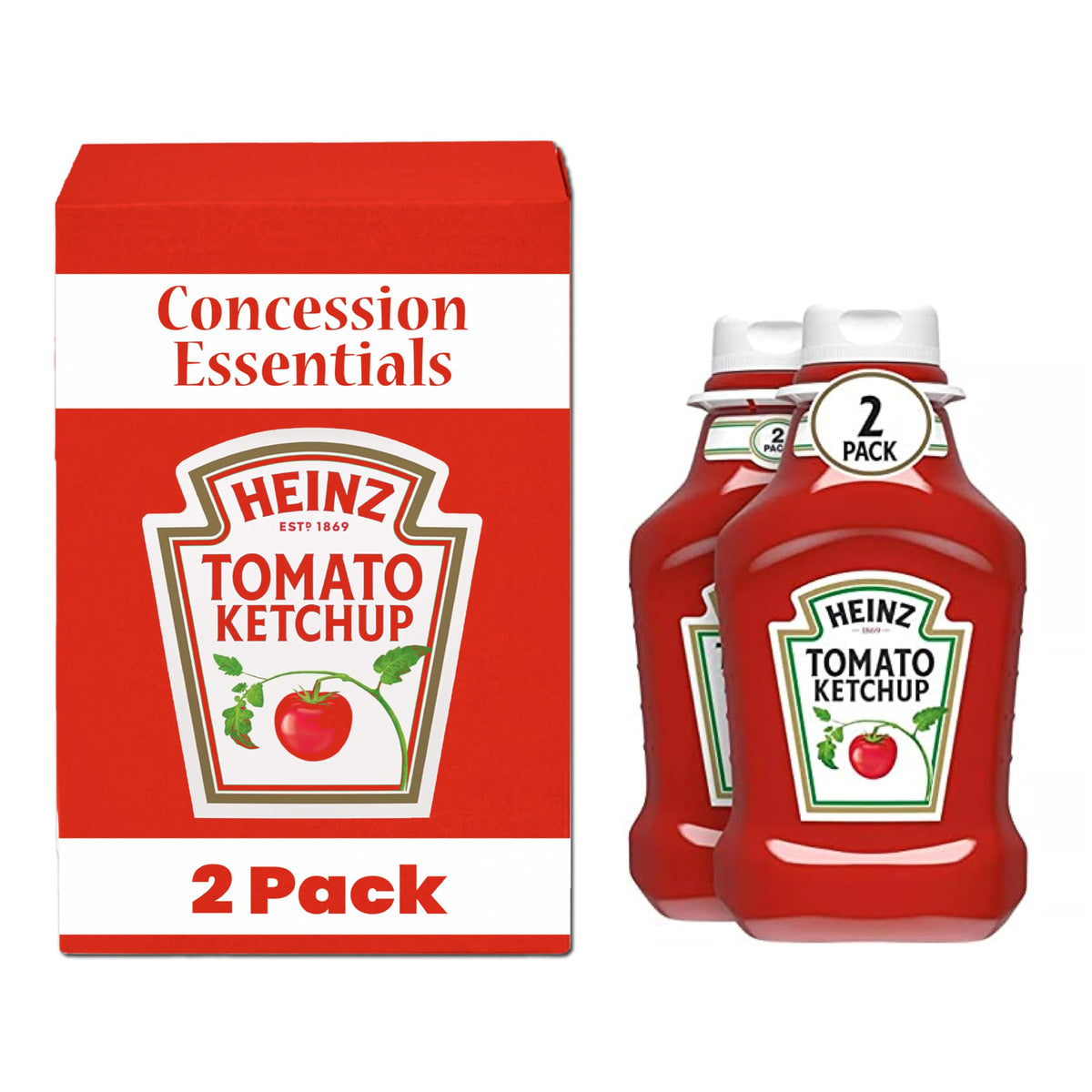 Concession Essentials Heinz ketchup 88oz 2-pack bottles for bulk service.