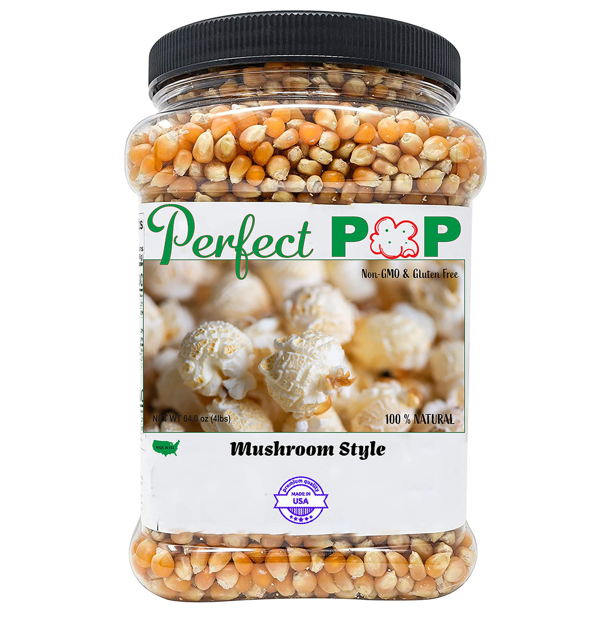 Concession Essentials mushroom kernels package front, non-GMO and USA-made, great for fundraisers.