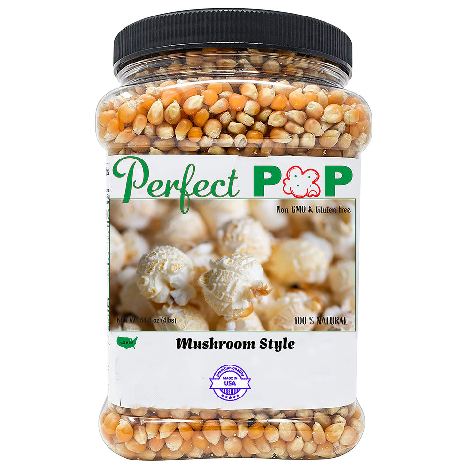 Concession Essentials mushroom kernels package front, non-GMO and USA-made, great for fundraisers.