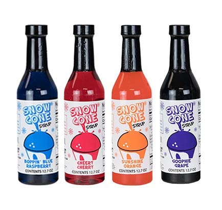 Concession Express blue raspberry sno-cone syrup bottle ready to pour over shaved ice