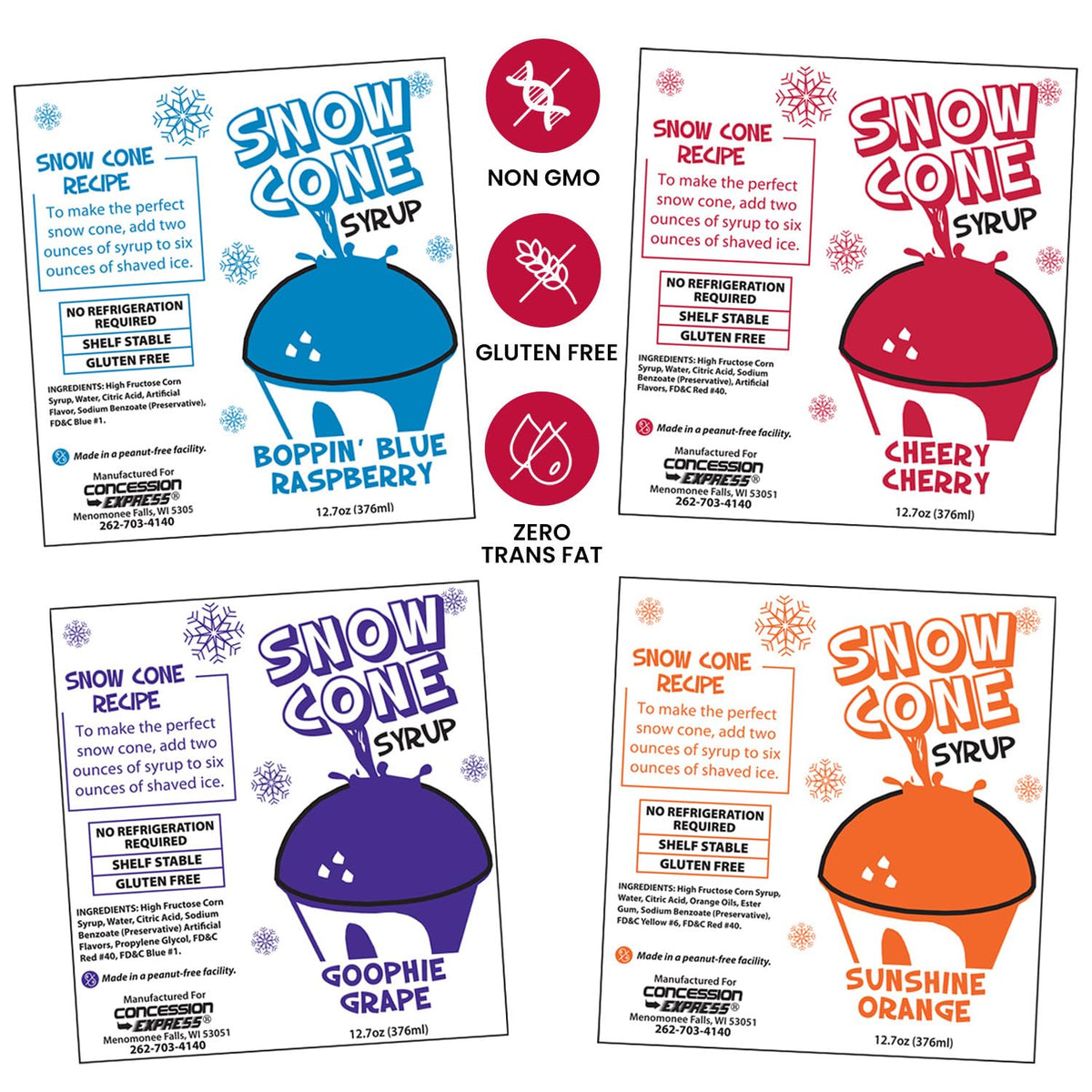 Concession Express shelf-stable sno-cone syrups needing no refrigeration