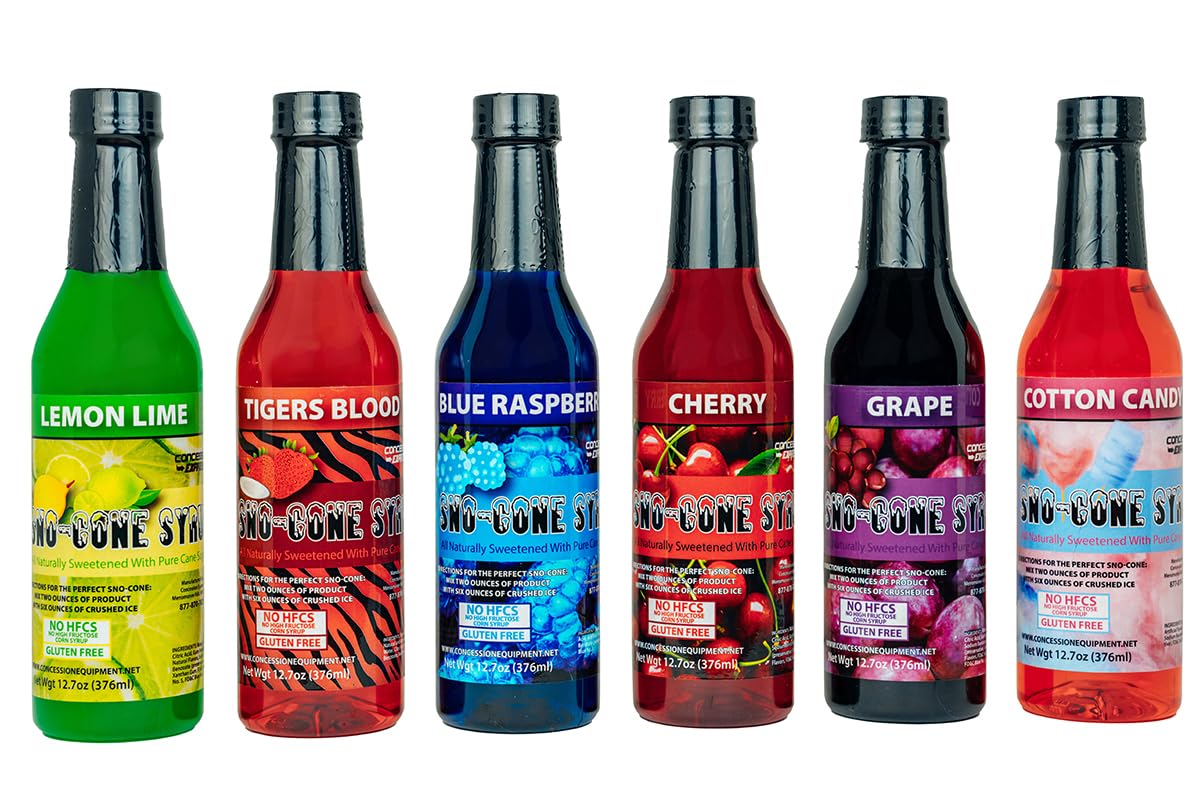 Concession Express Blue Raspberry syrup bottle pouring over shaved ice for bold flavor