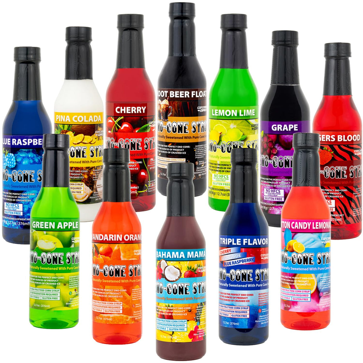 Concession Express Pure Cane Sugar Sno-Cone Syrup Variety Pack bottles ready for events