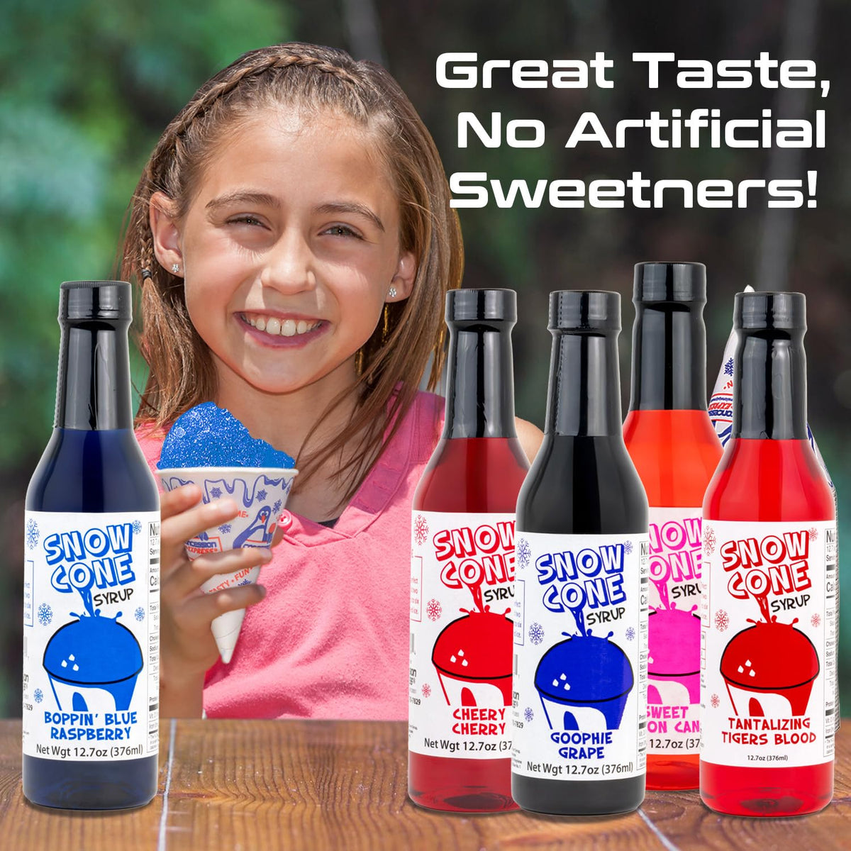 Concession Express four-pack sno-cone syrups shown for quick stocking