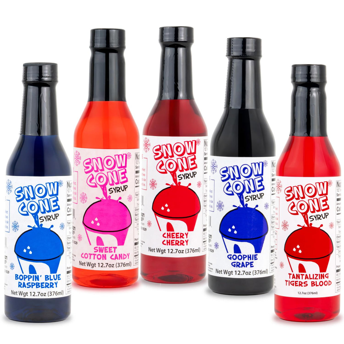 Concession Express Snow Cone Syrup Blue Raspberry bottle pouring over ice for bold flavor