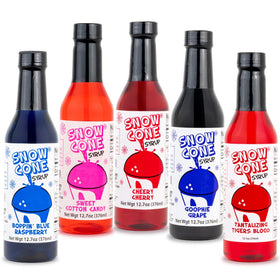 Concession Express Snow Cone Syrup Blue Raspberry bottle pouring over ice for bold flavor