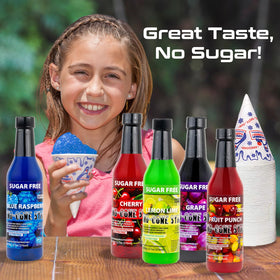 Concession Express fruit punch sugar free snow cone syrup enhances colorful shaved ice desserts