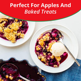 Concord Foods Apple Crisp Mix spooning crumb topping over sliced apples