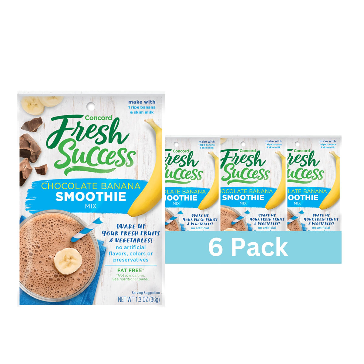Concord Foods Chocolate Banana Smoothie Mix pouch shows convenient packaging for quick breakfasts.