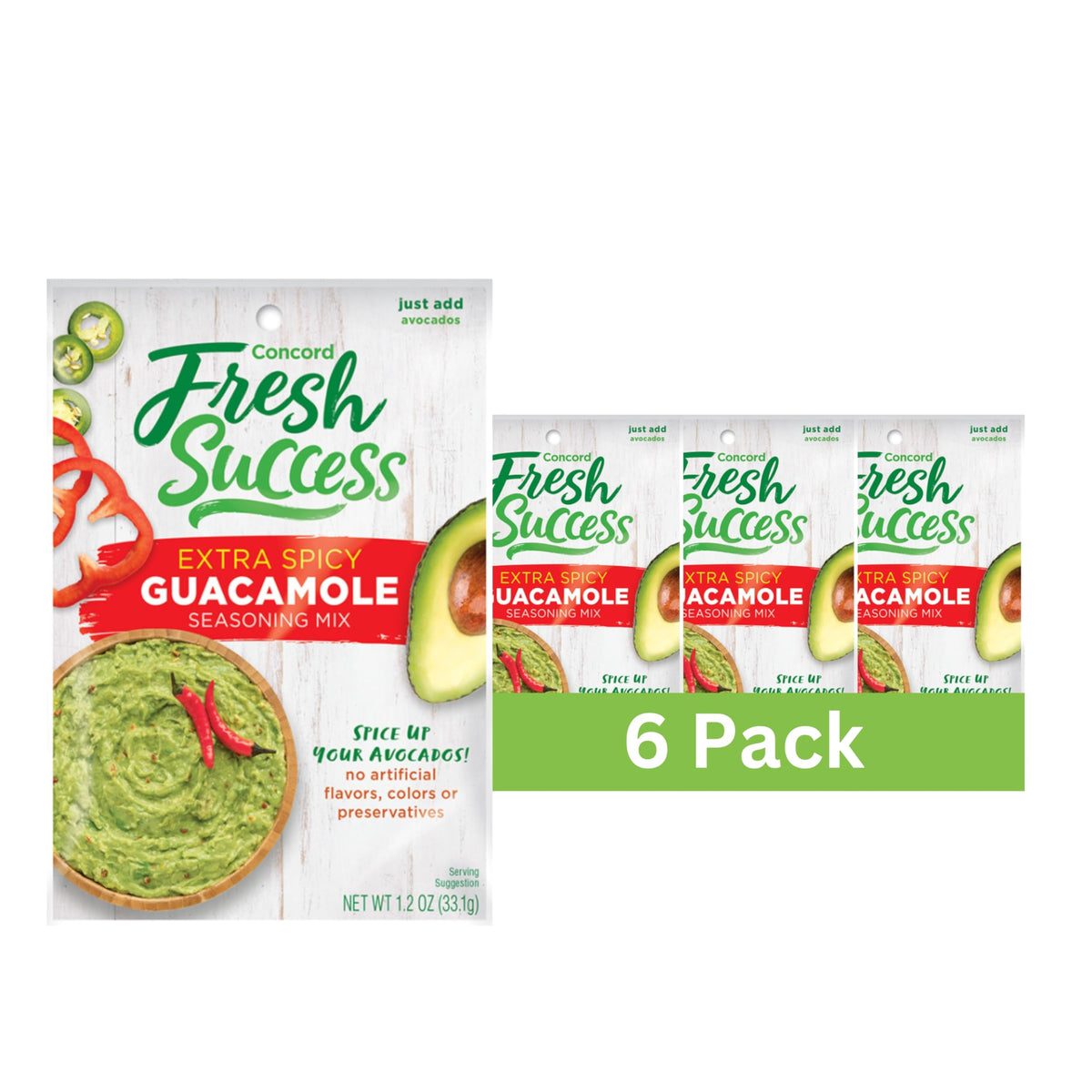 Concord Foods Extra Spicy Guacamole Mix front jar highlights bold heat for vibrant dips