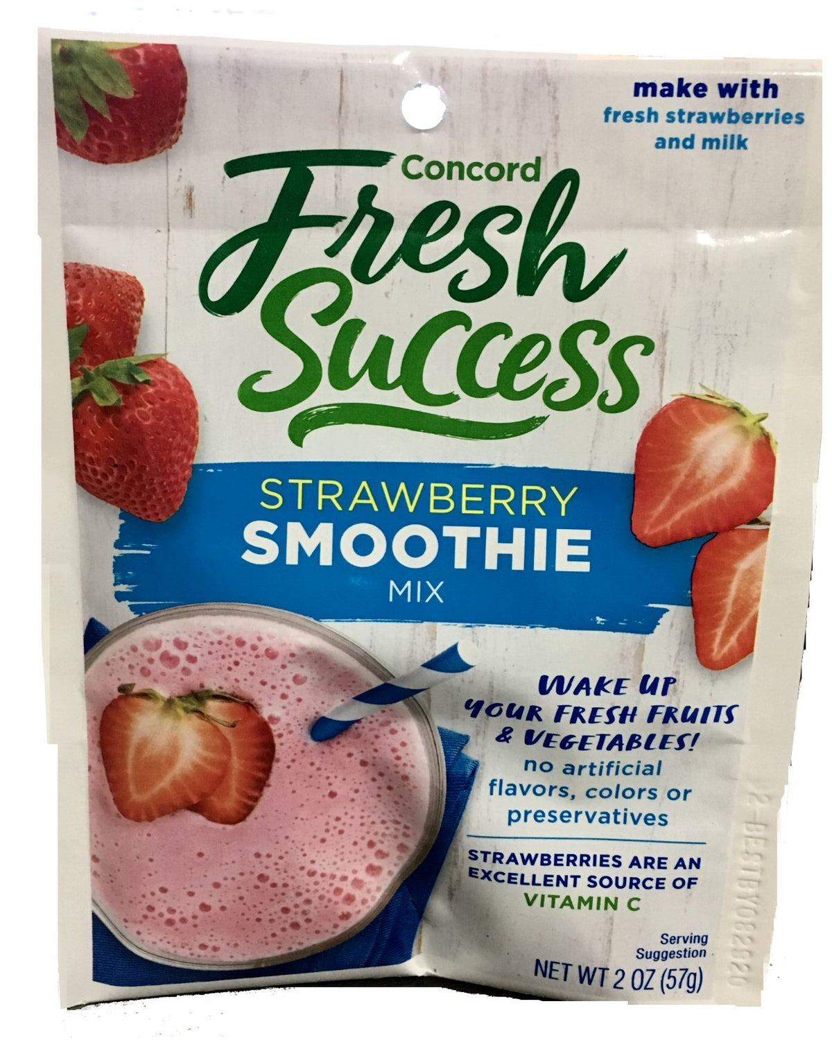 Concord Foods Strawberry Smoothie Mix packaging with value case of 18, easy to store.