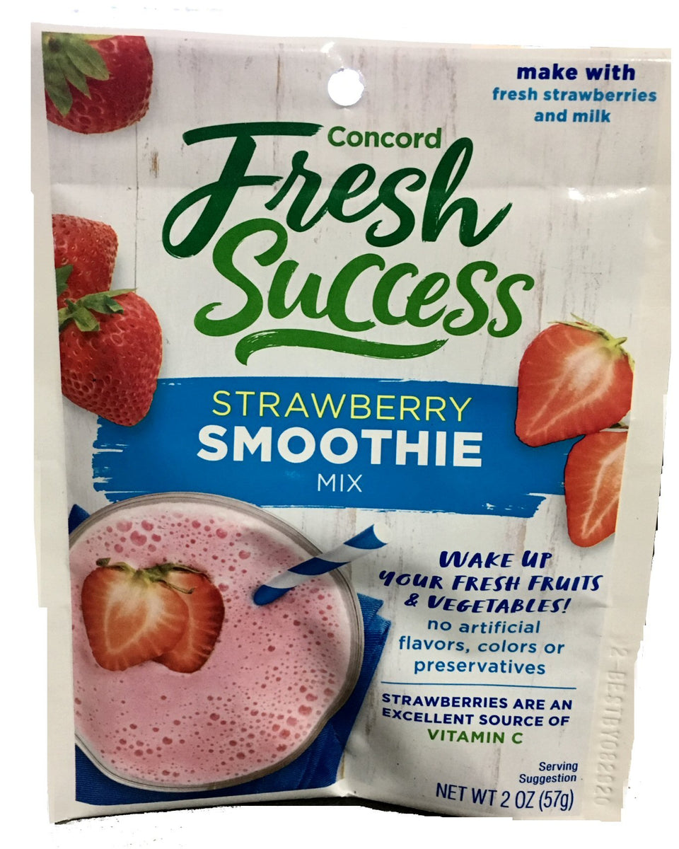 Concord Foods Strawberry Smoothie Mix packaging with value case of 18, easy to store.