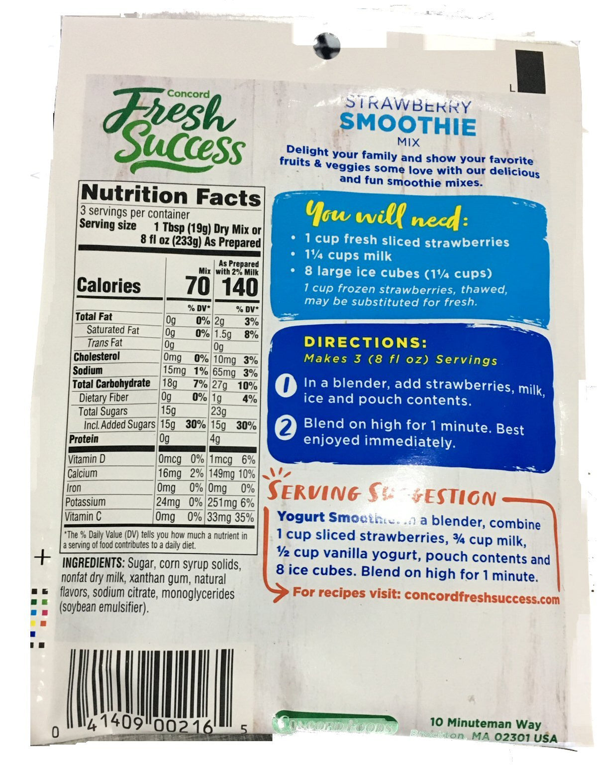 Concord Foods Strawberry Smoothie Mix packets closeup, ideal for quick breakfasts.
