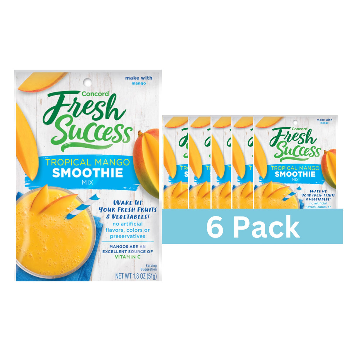 Concord Foods Tropical Mango Smoothie Mix pack shows convenient six-pack for quick smoothies