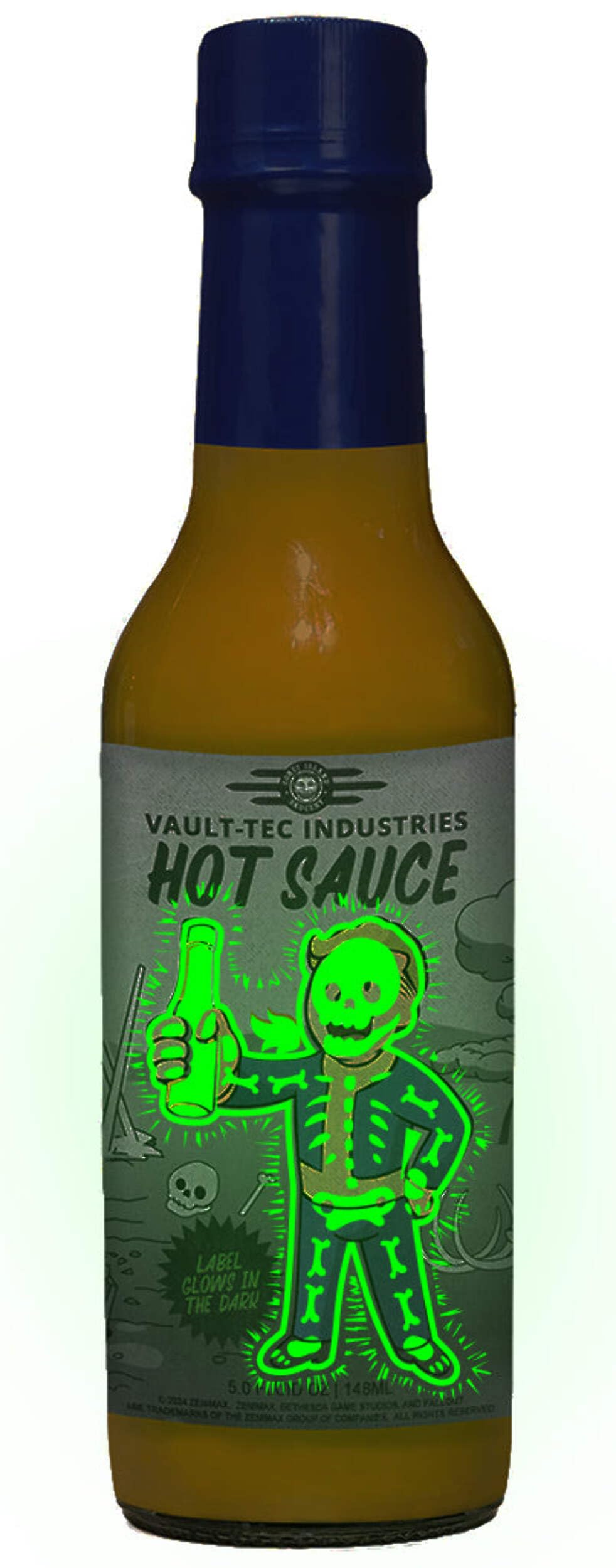 Coney Island Saucery Vault-Tec hot sauce bottle angled on a countertop to showcase packaging.