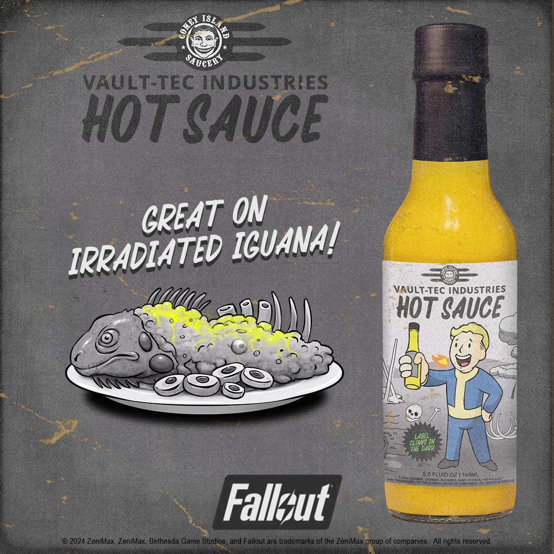 Coney Island Saucery Vault-Tec hot sauce bottle noting gluten-free and no sugar added.