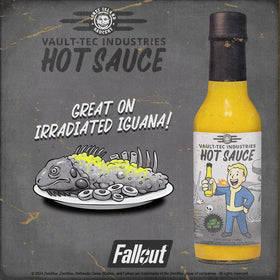 Coney Island Saucery Vault-Tec hot sauce bottle noting gluten-free and no sugar added.