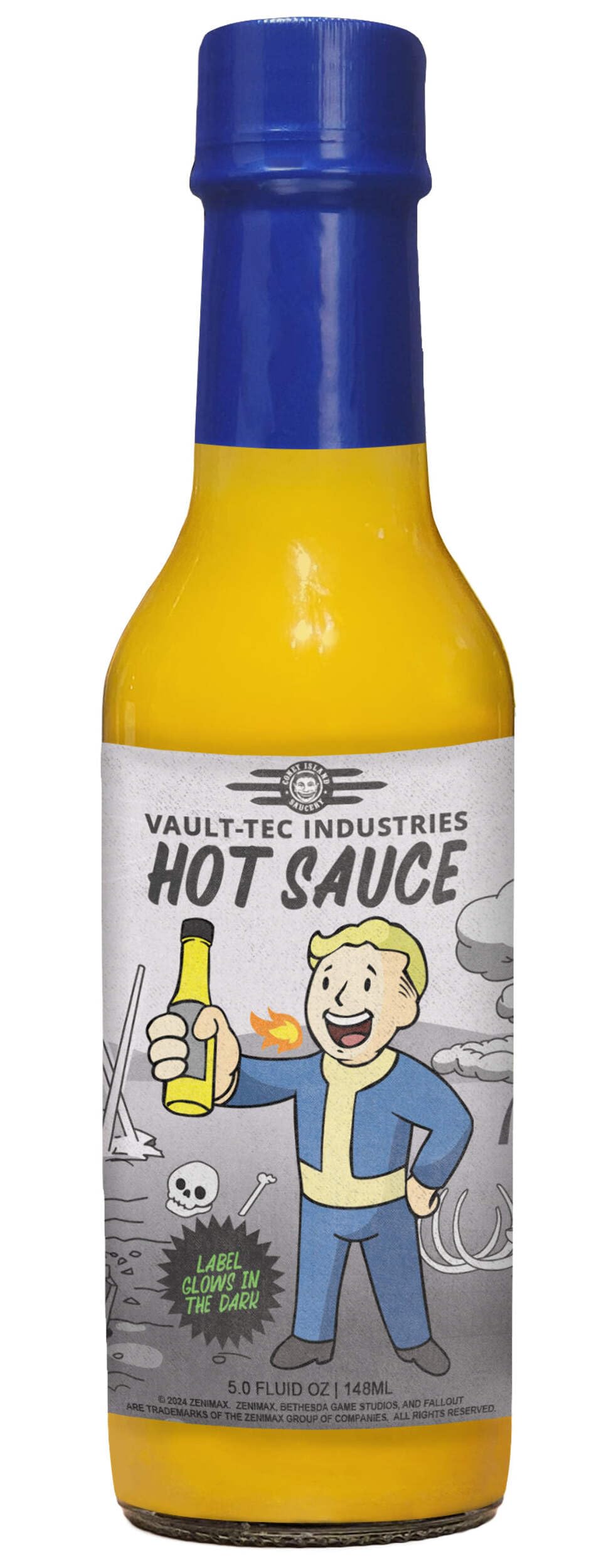 Coney Island Saucery Vault-Tec hot sauce label glows in the dark for bold meals.