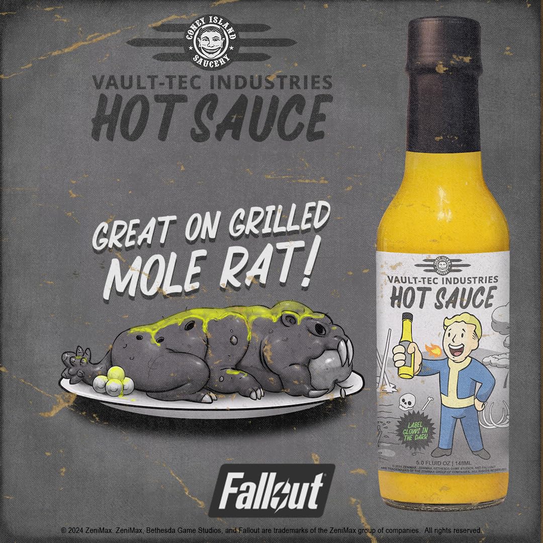 Coney Island Saucery Vault-Tec hot sauce with pineapple and habanero close-up, vibrant color.