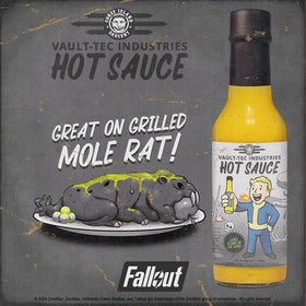 Coney Island Saucery Vault-Tec hot sauce with pineapple and habanero close-up, vibrant color.