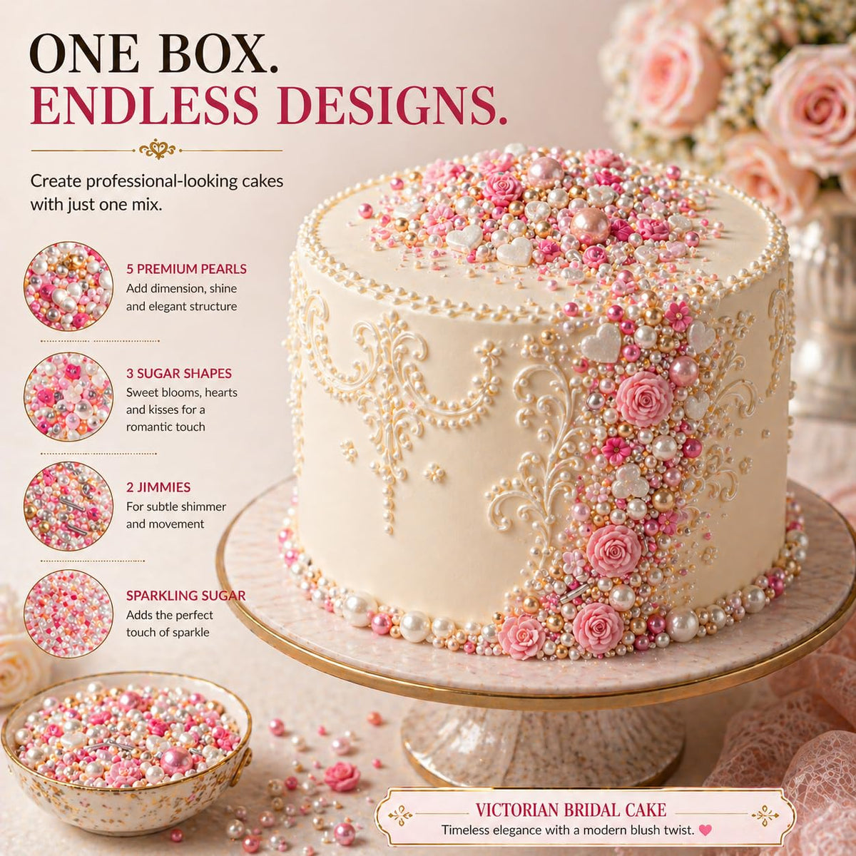 Confect Sprinkle mix pairs with whipped cream, fondant, and ganache.