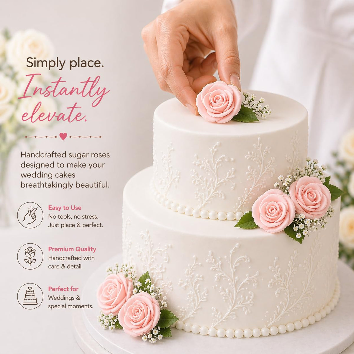 Confect rose topper close-up showing detailed sugar petals and blush pink color.