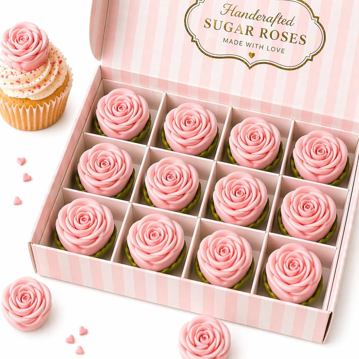 Confect edible rose topper on cake for elegant dessert decoration and vegan appeal.