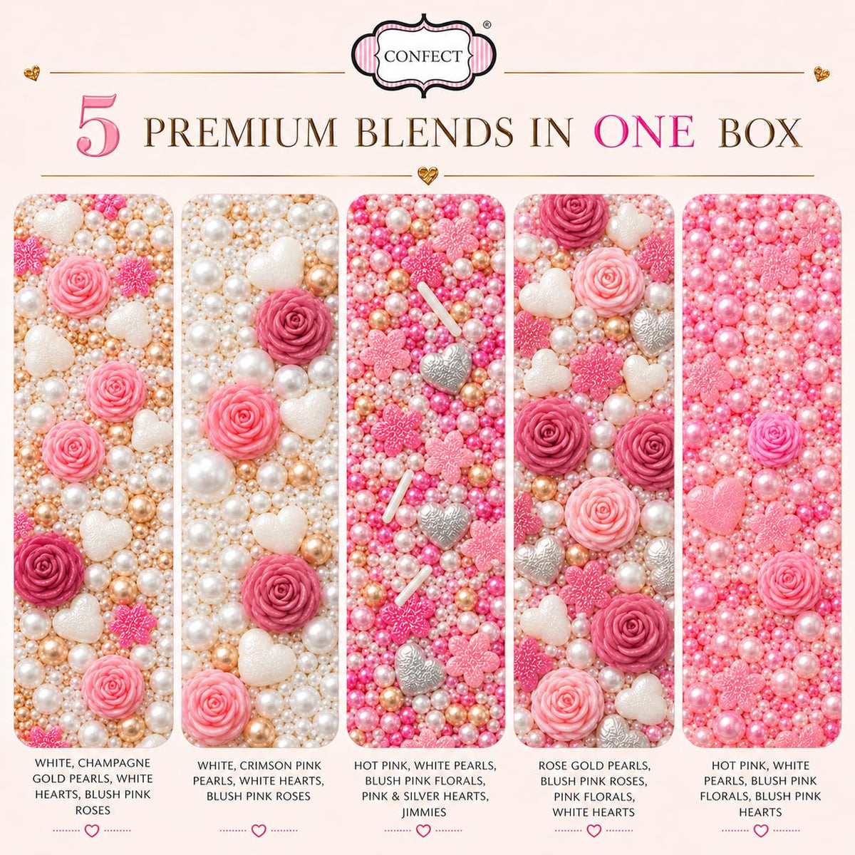 Confect Silver Hearts sprinkles add shimmering accents to desserts.