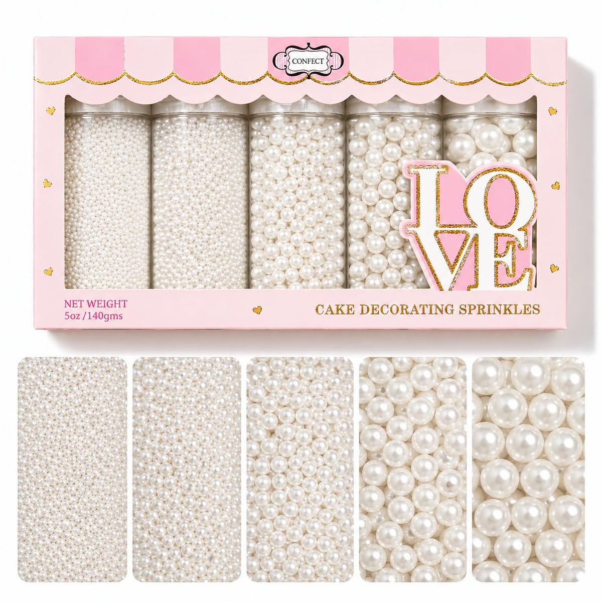 Confect White Princess Sprinkles pearls decorate elegant cakes with refined texture.