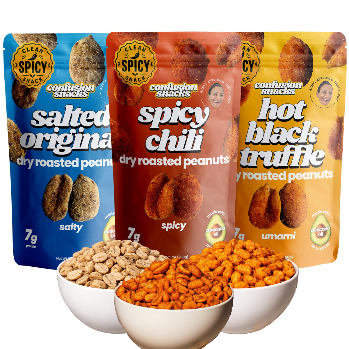 Confusion Snacks avocado oil spiced peanuts spicy chili masala bag for on-the-go snacking