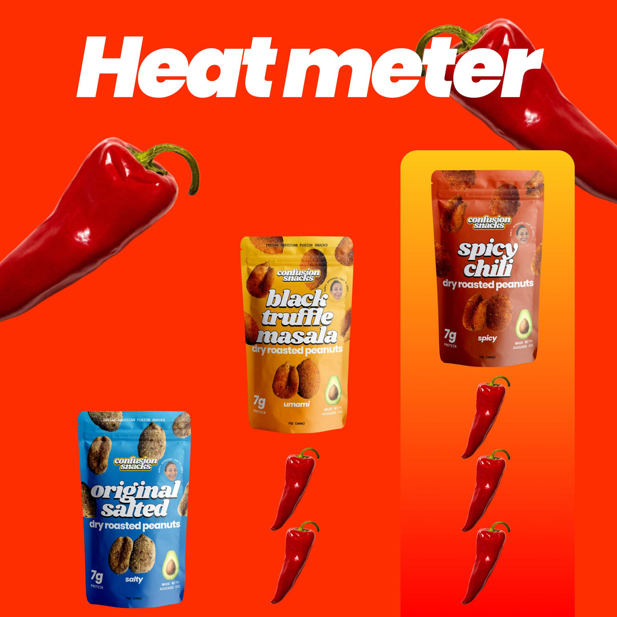 Three-pack Confusion Snacks Chili Spiced Hot Peanuts in resealable bags