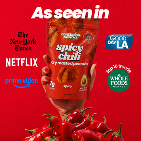 Gym bag with Confusion Snacks Chili Spiced Hot Peanuts as a quick snack