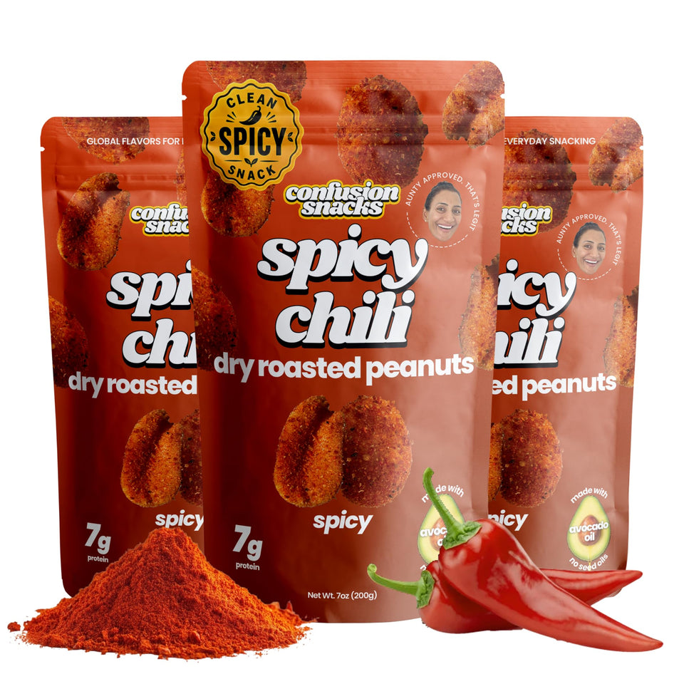 Confusion Snacks Chili Spiced Hot Peanuts three-pack on a table for on-the-go snacking