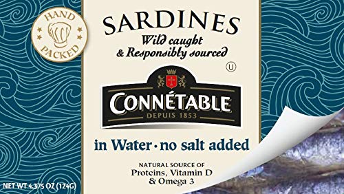 Connetable sardines in water label close-up highlighting responsible sourcing and quality.