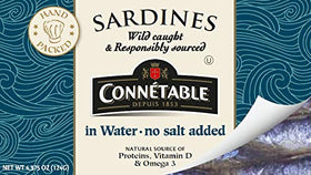 Connetable sardines in water label close-up highlighting responsible sourcing and quality.