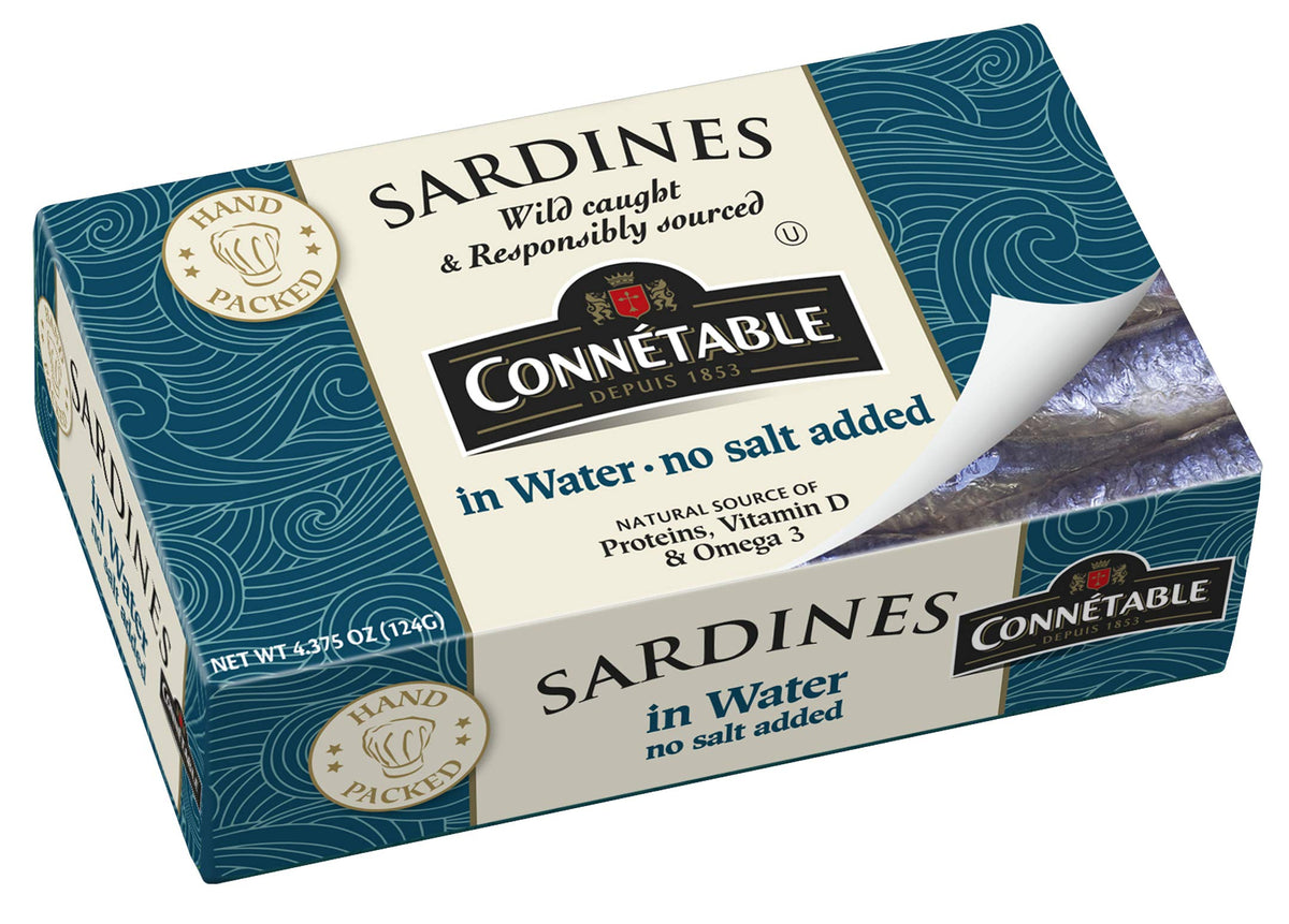 Connetable sardines in water front of can with no-salt label, convenient pantry staple.