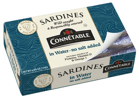 Connetable sardines in water front of can with no-salt label, convenient pantry staple.
