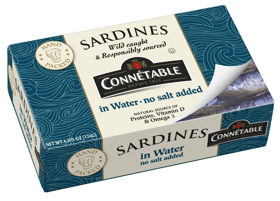 Connetable sardines in water front of can with no-salt label, convenient pantry staple.