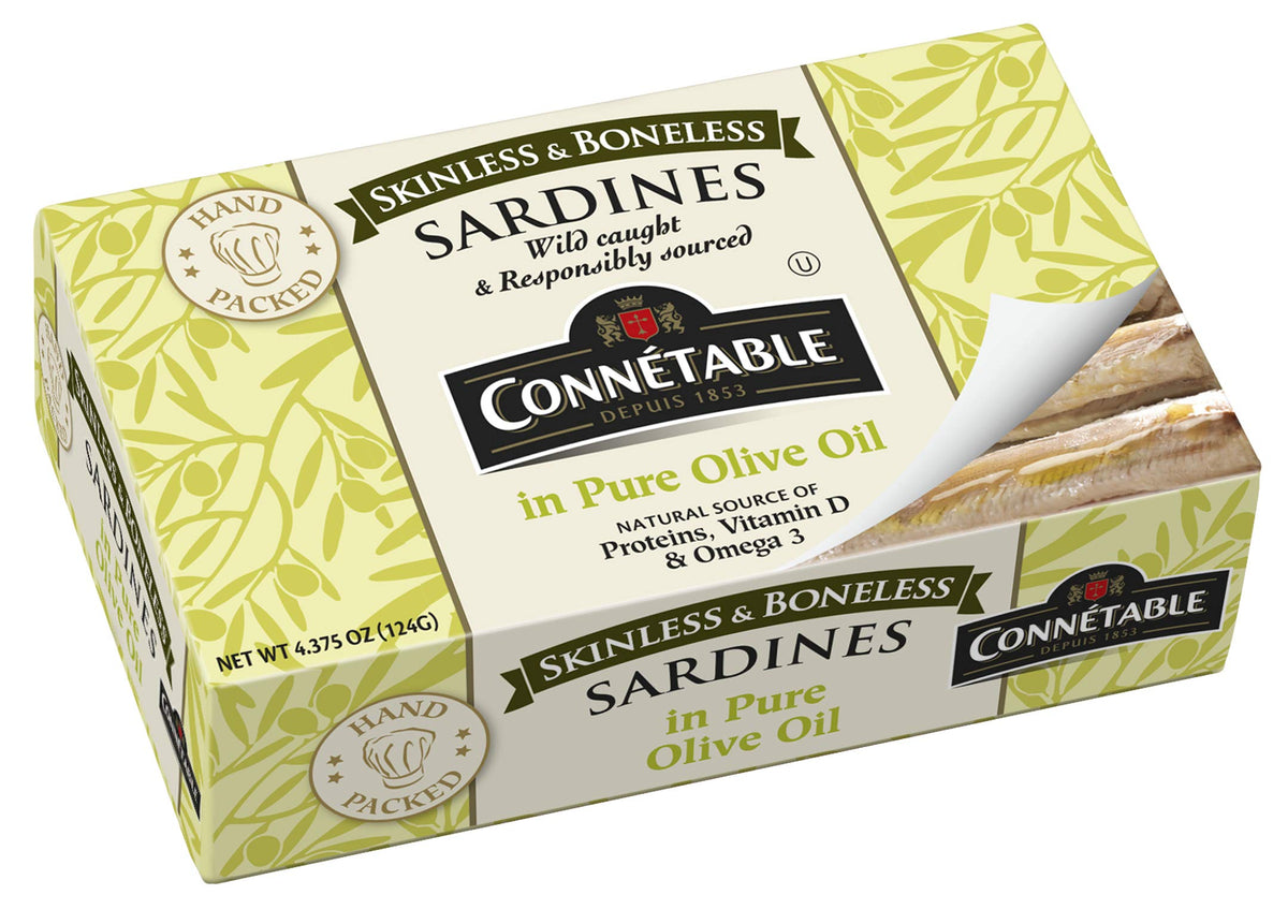 Connetable sardines in pure olive oil, skinless and boneless, perfect snack option.