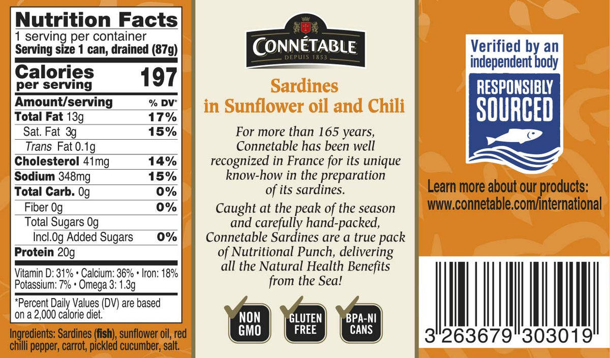 Connetable sardines on a cracker, oil and chili add bold flavor.