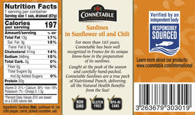 Connetable sardines on a cracker, oil and chili add bold flavor.