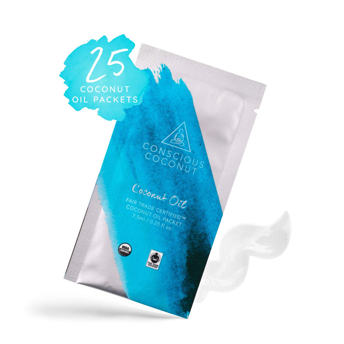 Conscious Coconut packet label close-up with organic and fair trade details.