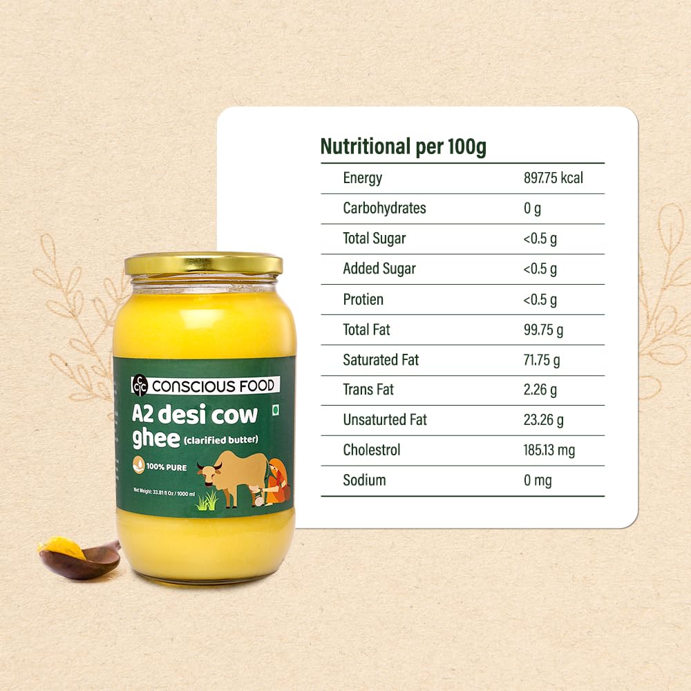Conscious Food A2 ghee bottle highlighting rich flavor ideal for sautéing.