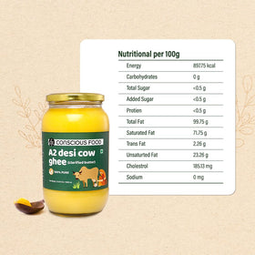 Conscious Food A2 ghee bottle highlighting rich flavor ideal for sautéing.
