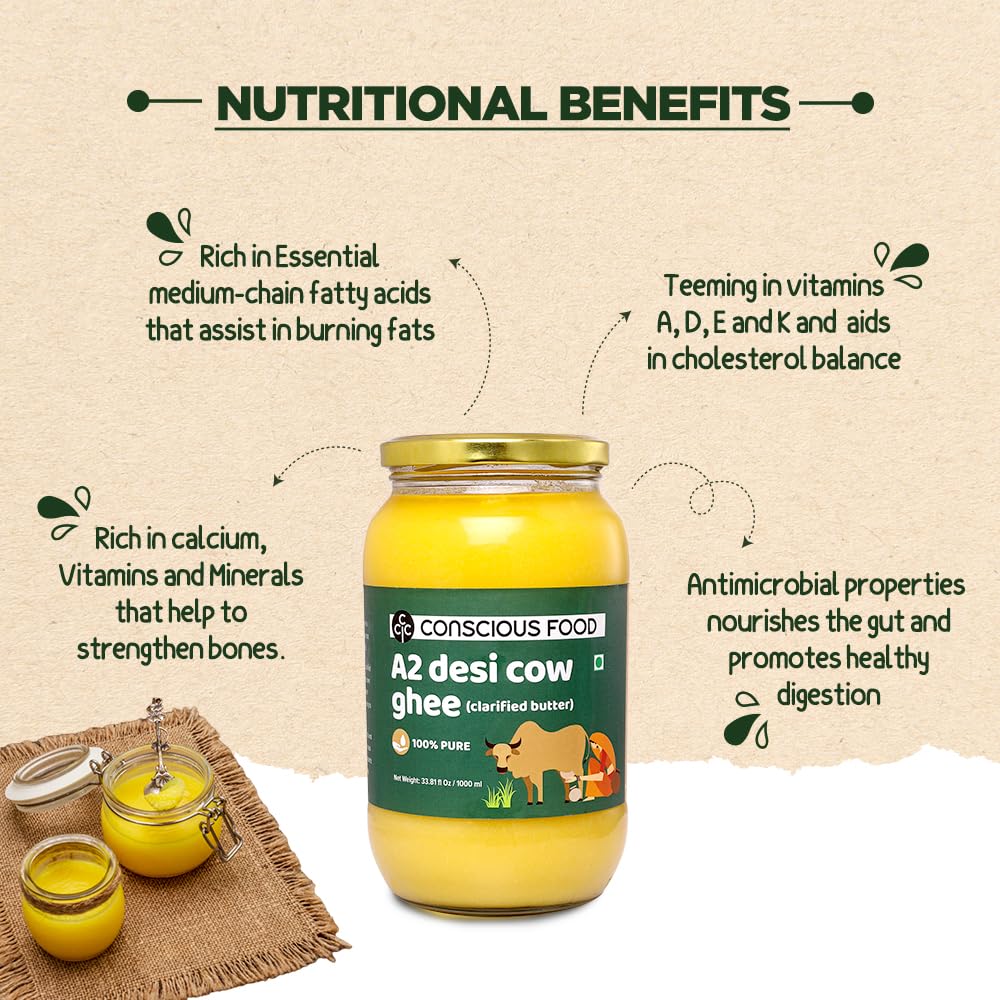 Conscious Food A2 ghee granular texture shown on a spoon.