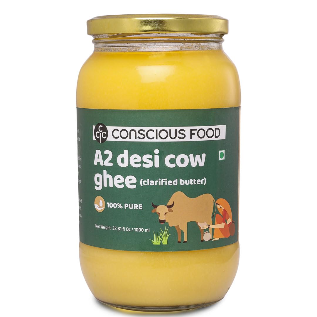 Conscious Food A2 Desi Cow Ghee in a jar with pure, nutty aroma for cooking.