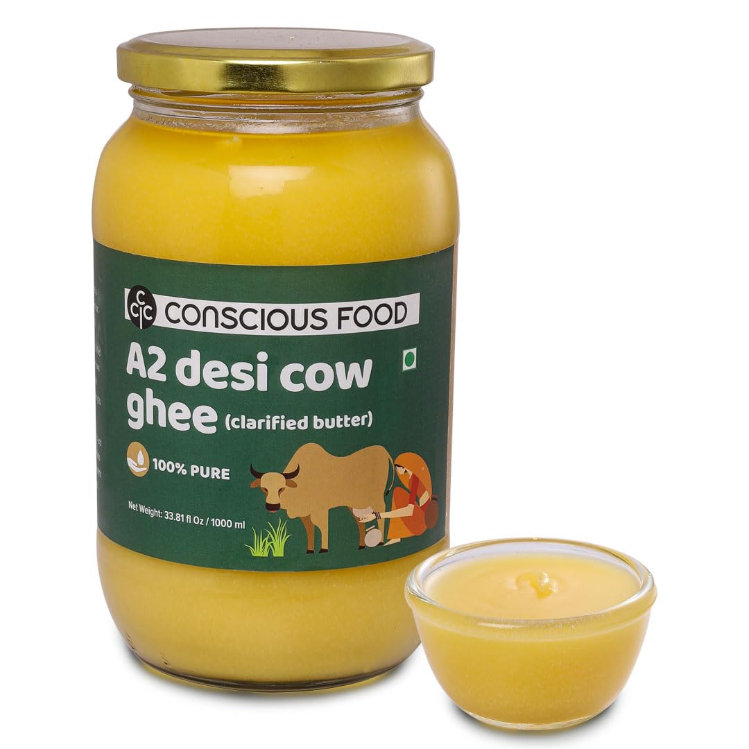 Conscious Food A2 ghee label confirms grass-fed, non-GMO quality.